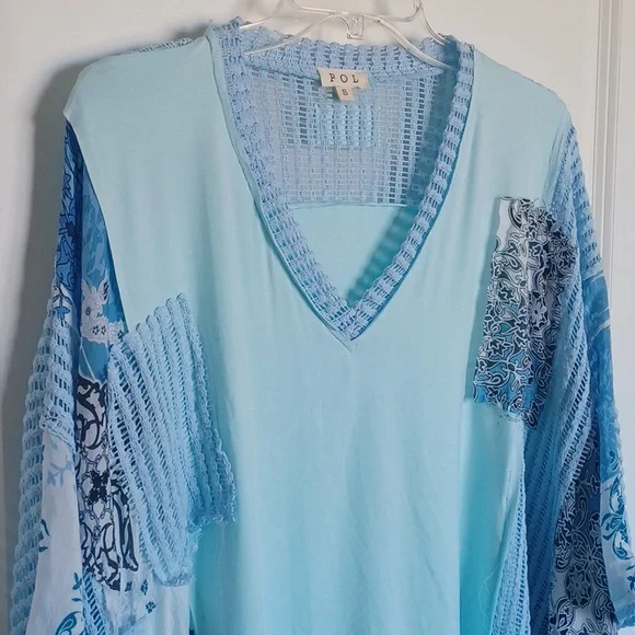 POL Blue Boho Print + Sheer Knit V Neck Rayon Jersey Top - Picture 8 of 14